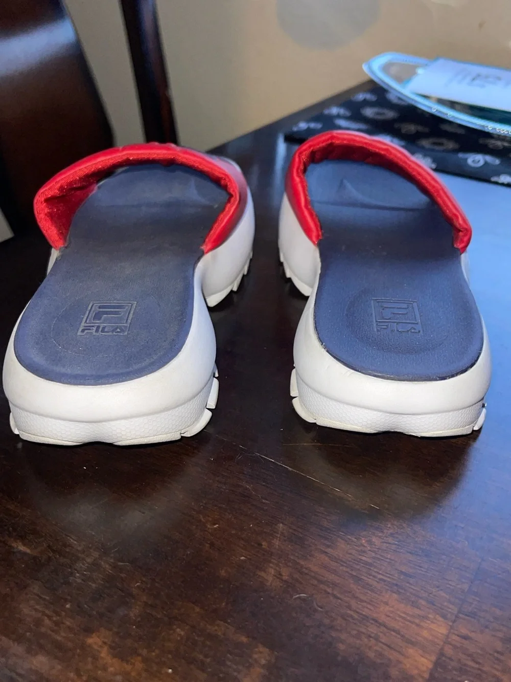 Fila Red Strap Navy Footbed White Sole Slide Sandals